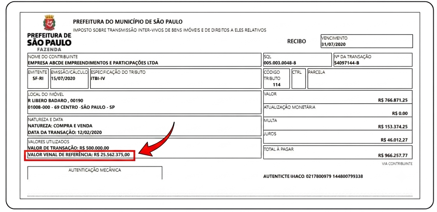 Exemplo de guia de ITBI da Prefeitura de São Paulo com o campo Valor Venal de Referência destacado